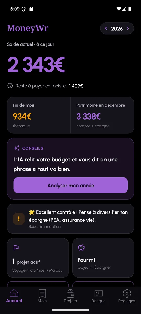 MoneyWr home screen: current balance, end of month, net worth, active projects and spender profile