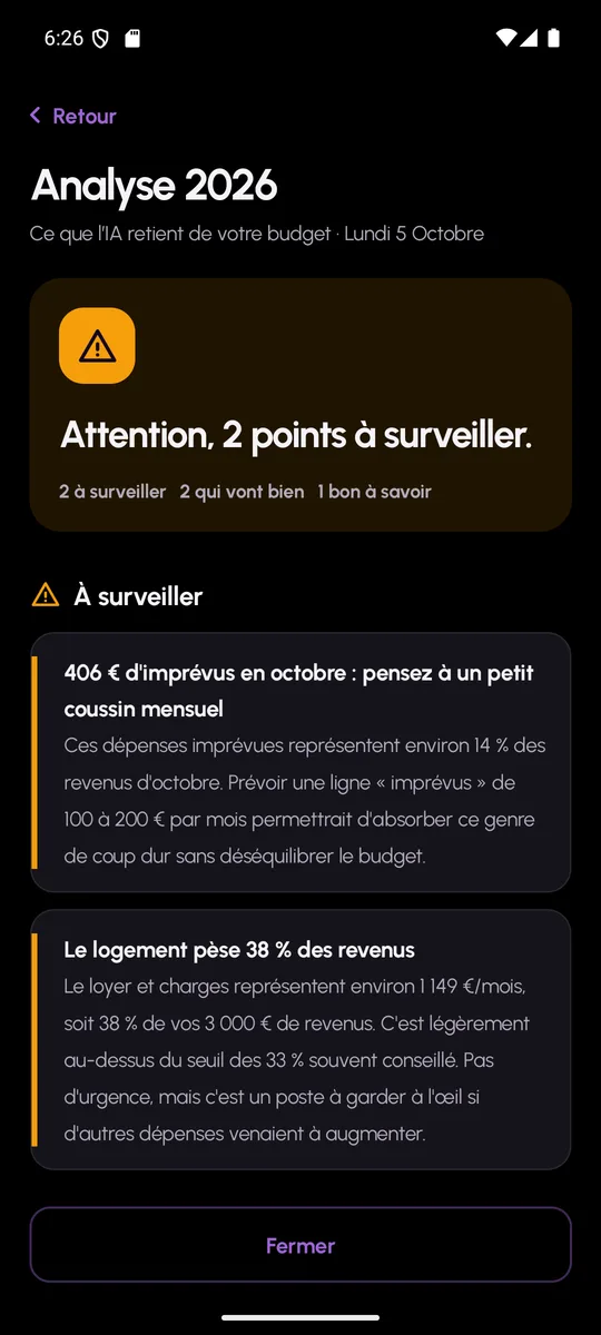 Rapport d’analyse par IA dans MoneyWr : conseils classés par sévérité