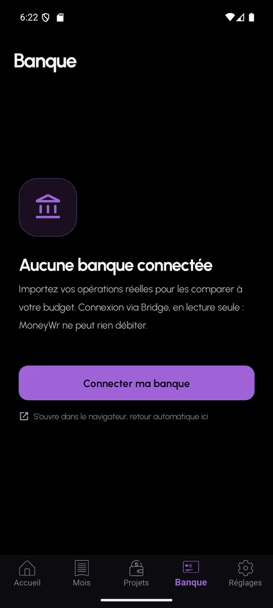 Écran Banque de MoneyWr : comptes connectés et mouvements à trier