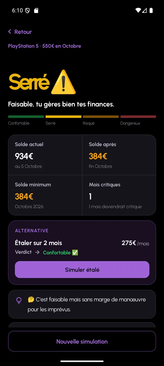 Simulation d’achat dans MoneyWr : verdict, solde avant et après, alternatives étalées
