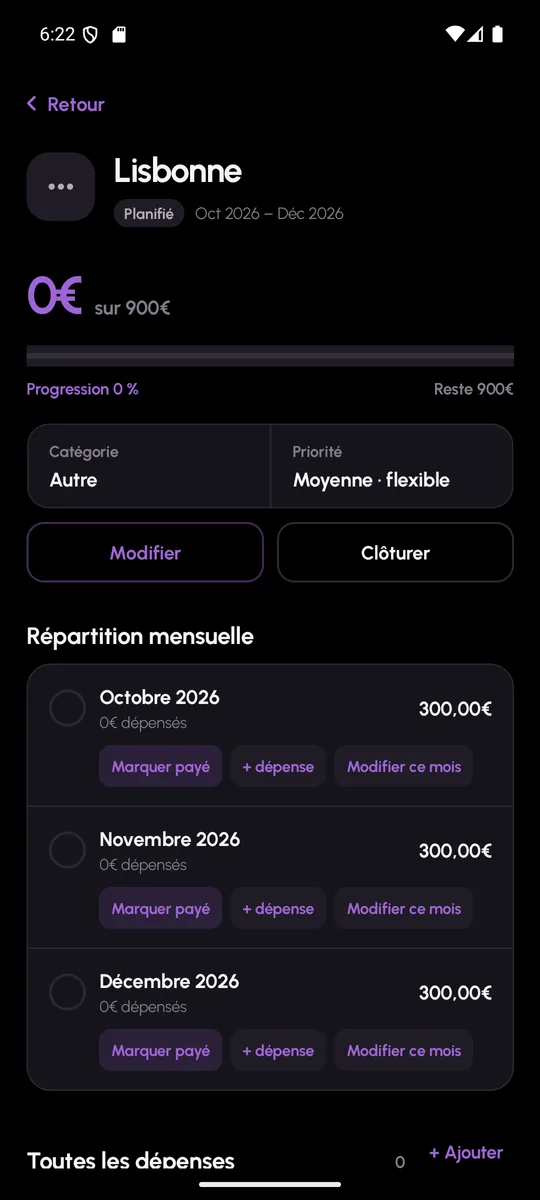 Détail d’un projet dans MoneyWr : répartition par mois, montant payé et restant