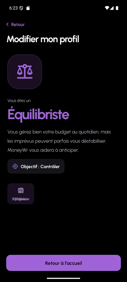 Résultat du questionnaire de profil de dépensier dans MoneyWr