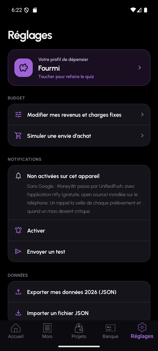 Réglages de MoneyWr : activation des notifications et export des données